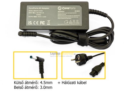 HP 19.5V 3.33A (65W) utángyártott új vékony center-pines laptop hálózati töltő